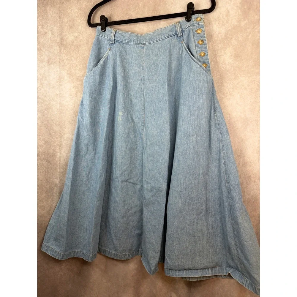 Calvin Klein Sport Denim Skirt Women 14 Light Blue Vintage 90s Side Button Maxi